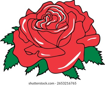 A vibrant illustration of a red rose with a bold black outline and green leaves