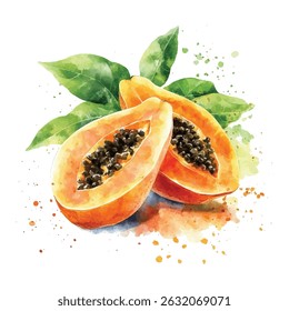 Vibrant  illustration of ripe papaya fruit with seeds and green leaves. Perfect for tropical food packaging, recipes, kitchen decor, and healthy lifestyle branding.