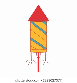 A vibrant illustration of a rocket firework with a red cone top and yellow body with blue stripes, ready to launch for festive celebrations.