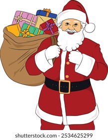 Vibrant illustration of Santa Claus captures the festive spirit of Christmas. Santa is depicted smiling and holding a large brown sack filled with colorful wrapped gifts.