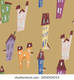 A vibrant illustration of a seamless pattern featuring colorful houses in a cartoon style, perfect for creating a playful and artistic design for products. Cute city old town