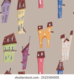 A vibrant illustration of a seamless pattern featuring colorful houses in a cartoon style, perfect for creating a playful and artistic design for products. Cute city. Old town buildings