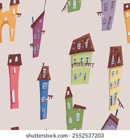 A vibrant illustration of a seamless pattern featuring colorful houses in a cartoon style, perfect for creating a playful and artistic design for products. Cute city old town