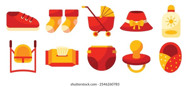 A vibrant illustration set featuring baby items like shoes, stroller, diapers, pacifier, and more in a playful, flat style. Ideal for childcare and parenting themes.