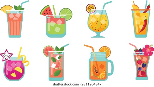 Vibrant illustration set featuring tropical mocktails, fruit juices, smoothies, infused drinks, citrus slices, berries, herbs, ice, and decorative garnishes. Ideal for beverage menus, summer promotions, café branding, recipe designs, parties, and food packaging.
