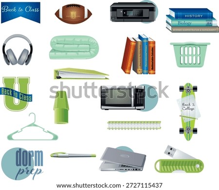 A vibrant illustration set showcasing essential home, school, and office items designed for college and dorm room preparation. This colorful collection features a wide range of must have supplies, including electronics, study materials, storage solutions, bedding basics, desk accessories, lighting options, kitchen necessities, and recreational items that support student life. Carefully arranged with engaging text elements such as “Back to Class,” “Dorm Prep,” and “Back 2 College,” the design captures the excitement and anticipation of a new academic season.

The artwork combines modern style with practical themes, making it ideal for educational promotions, student orientation guides, retail advertisements, social media campaigns, and seasonal marketing materials. Each illustrated item represents common dorm and campus needs, helping parents and students quickly identify important essentials for a smooth transition into higher education. From laptops and headphones to notebooks, organizers, and decor accents, the collection reflects both functionality and personality.

Perfect for website banners, email newsletters, posters, flyers, shopping checklists, and digital catalogs, this dynamic visual set supports promotional strategies targeting incoming freshmen and returning undergraduates. The balanced layout allows designers to highlight key messages while maintaining clarity and visual appeal. Bright colors and clean outlines ensure strong visibility across various formats, whether used in print or online platforms.

This versatile illustration package works well for bookstores, campus shops, online retailers, and educational institutions promoting seasonal sales or preparation resources. It communicates readiness, independence, and organization while maintaining a friendly and inviting tone. The combination of academic tools and personal living items emphasizes a complete preparation theme that resonates with students planning their move.

Designed to enhance branding and marketing materials, this creative asset 