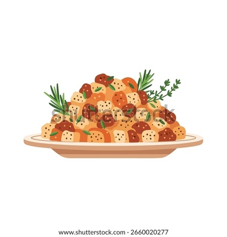 A vibrant illustration showcases a delectable culinary creation piled artistically upon a plate. The image highlights a visually appealing arrangement of fresh ingredients enhancing the