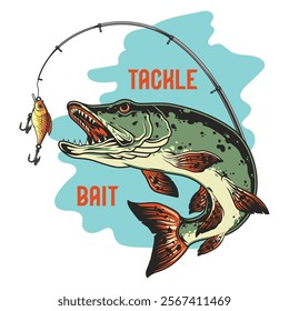 A vibrant illustration showcases a fierce fish leaping toward a lure on a fishing hook demonstrating excitement and energy in the act of fishing. This captures the thrill of the catch.