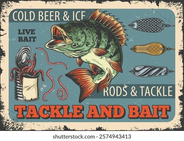 A vibrant illustration showcases a lively fishing scene featuring a large fish alongside fishing rods tackle and a cold can of beer. It's a perfect day for anglers.