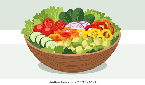 Uma ilustração vibrante mostra uma salada vegetal mista em uma tigela de madeira. A salada colorida apresenta uma variedade de ingredientes frescos, incluindo tomates, alface, pepinos, abacates, cebolas e