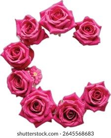 A vibrant illustration showcases a stylized capital letter "C" meticulously crafted from a ring of bright pink roses, creating a visually striking and floral representation of the alphabet.