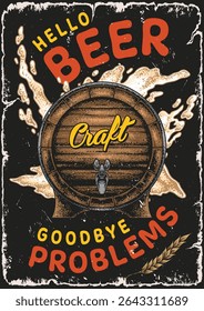 A vibrant illustration showcases a wooden keg with beer pouring out. The design features bold lettering that captures a light-hearted message about enjoying craft beer and leaving worries behind.
