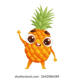A vibrant illustration showcasing an adorable pineapple character with big, expressive eyes and a friendly wave, perfect for various creative projects.