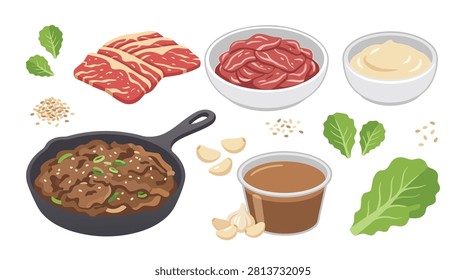 A vibrant illustration showcasing all the essential ingredients for making Korean BBQ beef bulgogi, including raw beef slices, marinade, and the finished dish in a skillet, accompanied by fresh lettu.