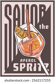 Vibrant illustration showcasing a aperol spritz cocktail, complete with orange slices, ice, and a straw, invites viewers to savor the refreshing italian aperitivo