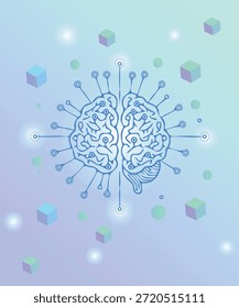 A vibrant illustration showcasing an artificial intelligence brain, rendered with intricate circuit-like lines that form its two hemispheres. The brain is adorned with numerous glowing connection points and radiating lines, symbolizing data flow and neural activity within a digital network. Surrounding the central brain are various abstract geometric shapes, including translucent cubes and circles in soft blue, green, and purple tones, floating against a gradient background of light blue and lavender. This futuristic and clean design represents concepts of machine learning, cognitive technology, and the interconnectedness of data in the digital age.