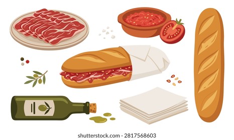 A vibrant illustration showcasing the components of a Spanish bocadillo sandwich, including sliced ham, tomato sauce, baguette, and olive oil.