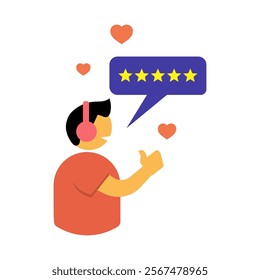 A vibrant illustration showcasing a customer with headphones giving a thumbs-up, surrounded by hearts, and a speech bubble featuring five stars, symbolizing excellent feedback