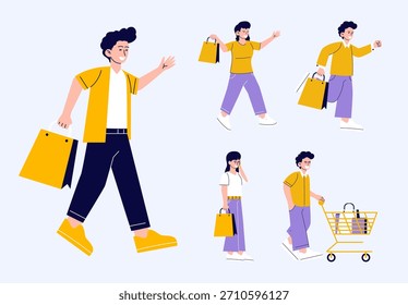 Uma ilustração vibrante que mostra um grupo diversificado de indivíduos ativamente envolvidos em comportamentos de compras, incluindo carregar bolsas e empurrar um carrinho, refletindo uma experiência de varejo moderna.