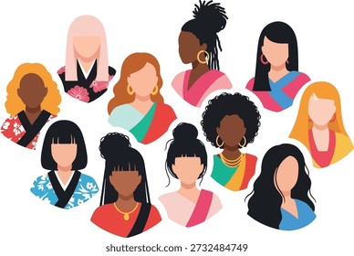 A vibrant illustration showcasing a diverse group of women with different ethnicities, hairstyles, and clothing, celebrating variety.