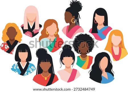 A vibrant illustration showcasing a diverse group of women with different ethnicities, hairstyles, and clothing, celebrating variety.