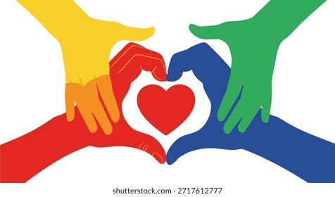Una ilustración vibrante que muestra la diversidad y la unidad, con manos de colores que forman una forma de corazón. Esta Imagen representa el amor, la inclusión, la comunidad y la importancia de unirse en armonía.