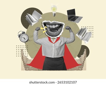 Uma ilustração vibrante que mostra o empoderamento e a confiança nos negócios, apresentando uma expressão forte.