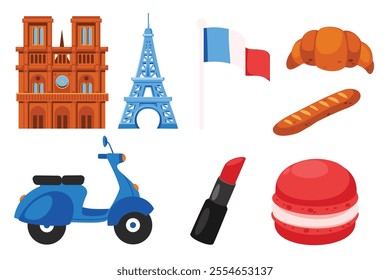 A vibrant illustration showcasing iconic Parisian symbols like the Eiffel Tower, Notre Dame, and delicious French pastries.