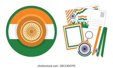 A vibrant illustration showcasing Indian Independence Day with the national flag emblem and various patriotic souvenirs.