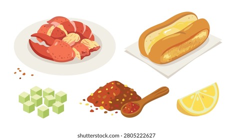 A vibrant illustration showcasing the key components for a classic lobster roll, including cooked lobster meat, a buttered bun, and seasonings.