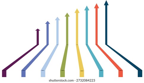 Uma vibrante ilustração mostrando múltiplas setas coloridas apontando para cima e diagonalmente, simbolizando crescimento, progresso e diversos caminhos convergindo para um objetivo compartilhado.