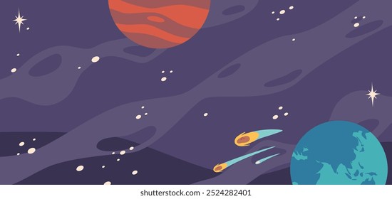 Vibrant Illustration Showcasing Planets, Stars and Comets In A Cosmic Outer Space Setting. The Image Reflects Serenity