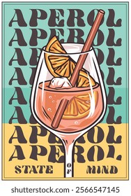 Vibrant illustration showcasing a refreshing aperol spritz cocktail with orange slices and ice cubes in a stemmed wine glass, set against a colorful backdrop with stylized typography