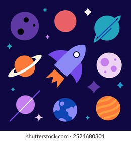 A vibrant illustration showcasing a rocket soaring through space, surrounded by planets, moons, and stars. Perfect for adding a touch of whimsy and wonder to your designs.