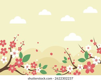 A vibrant illustration showcasing stylized cherry blossoms in red and white, with green leaves, brown branches, and fluffy white clouds.