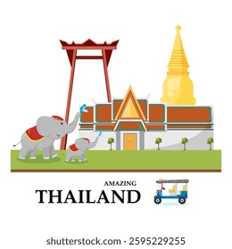 Vibrant illustration showcasing Thailand's cultural icons (Wat Phra Kaew, Giant Swing, elephants (including a baby elephant), and a tuk-tuk), with 'Amazing Thailand' text. Ideal for travel.