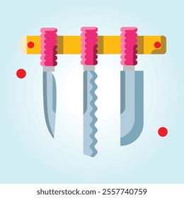 A vibrant illustration showcasing three different knives neatly arranged on a magnetic strip.  A cheerful depiction of kitchenware.