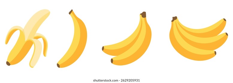 A vibrant illustration showcasing various banana arrangements: single bananas, a peeled banana, and a bunch, perfect for healthy eating concepts.