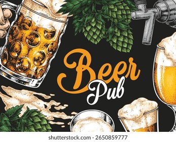 Uma ilustração vibrante mostrando vários estilos de cerveja, incluindo canecas espumosas e copos. Apresenta saltos, uma torneira e uma vibração de bar festivo com cerveja como tema central.