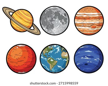 Uma ilustração vibrante mostrando vários planetas de nosso sistema solar, incluindo Terra, Marte, Júpiter, Saturno e Netuno, juntamente com a Lua.