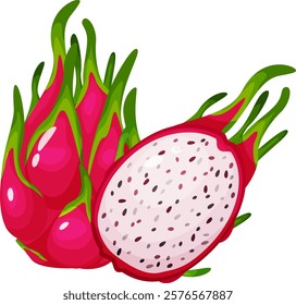 Vibrant illustration showcasing a whole dragon fruit alongside a halved one, revealing its white flesh speckled with black seeds, emphasizing freshness and the exotic allure of this tropical fruit