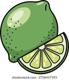 A vibrant illustration showcasing a whole lime alongside a juicy slice, perfect for adding a refreshing touch to any design.