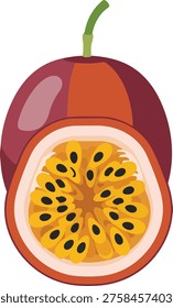 A vibrant illustration showcasing a whole passion fruit alongside a halved one, revealing its juicy pulp filled with seeds.