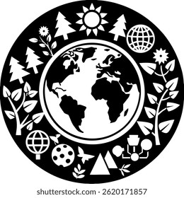 A vibrant illustration showing the Earth from space surrounded by colorful icons representing the United Nations Sustainable Development Goals (SDGs), set against a lush green forest background. The i