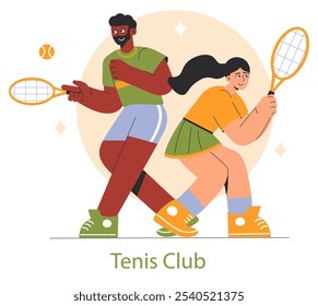 A vibrant illustration shows diverse players enjoying a tennis game at a busy local club full of enthusiasm