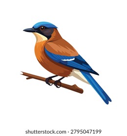 A vibrant illustration of a small blue and brown bird sitting on a twig isolated on a plain white background