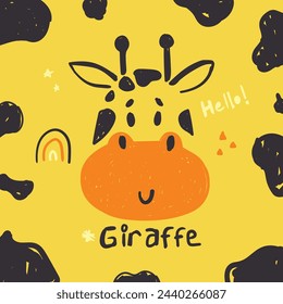 A vibrant illustration of a smiling cartoon giraffe with playful text and elements
