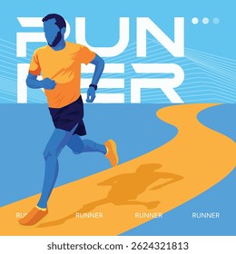 Vibrant illustration of a sporty runner in dynamic pose, featuring unique perspective and bold blue and orange colors, perfect for fitness and sports-themed designs