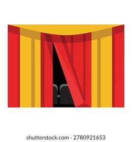 A vibrant illustration of a stage with red and yellow curtains partially drawn, revealing a black background and a single spotlight.