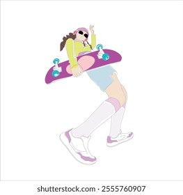 A vibrant illustration of a stylish skater girl performing a cool jump while holding a skateboard. The artwork features dynamic colors, sporty energy, and urban vibes, perfect for themes related 